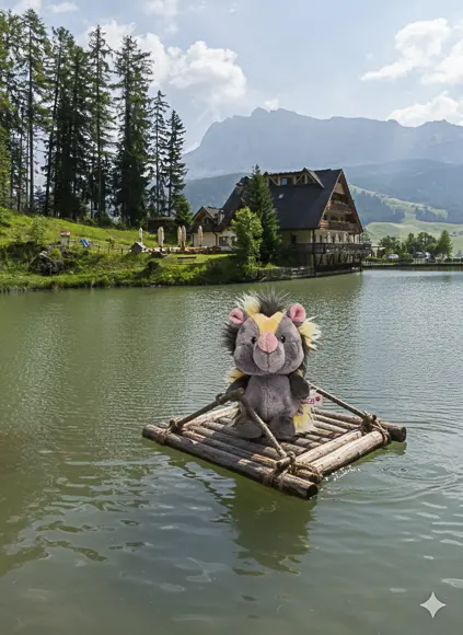 Ein Kuscheltier auf einem Floß auf dem Wasser vor einer Hütte und Bergen.