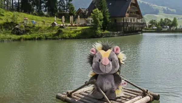 Ein Kuscheltier auf einem Floß auf dem Wasser vor einer Hütte und Bergen.