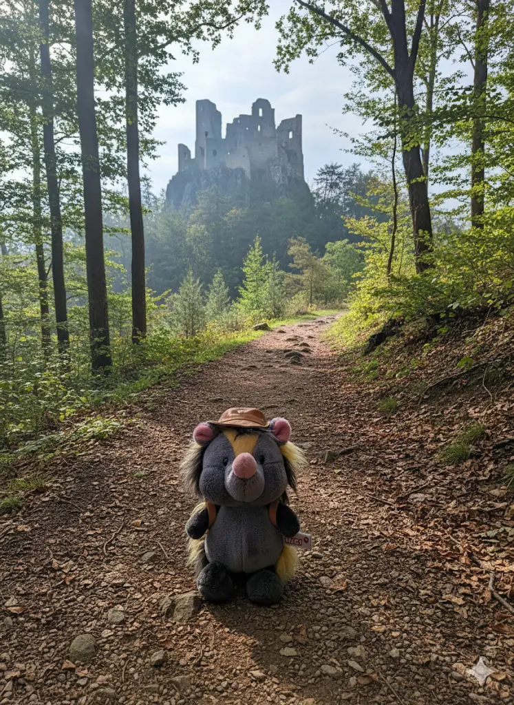 Dein Kuscheltier, mit einem kleinen Wanderhut und Rucksack ausgestattet, steht auf einem Waldweg, der sich in der Ferne zu einer imposanten Burgruine schlängelt. Die Sonne scheint durch die Baumwipfel und beleuchtet den Weg, während die Ruine majestätisch auf einem Hügel thront. Es sieht aus, als wäre es bereit für ein Abenteuer!