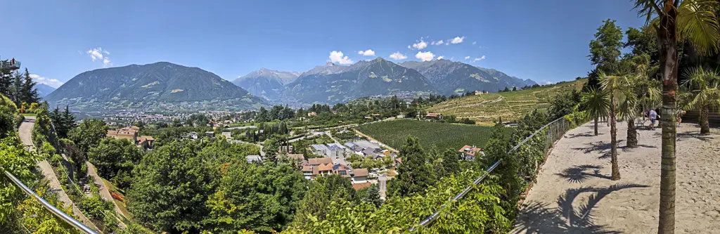Weitläufiges Panorama des Meraner Landes in Südtirol, mit üppig grünen Weinbergen und Apfelplantagen im Mittelgrund, umgeben von dichten Wäldern und einer majestätischen Kette hoher Berge (Texelgruppe/Ötztaler Alpen) im Hintergrund unter blauem Himmel. Im Vordergrund sind mediterrane Palmen und ein sandiger Weg zu sehen.