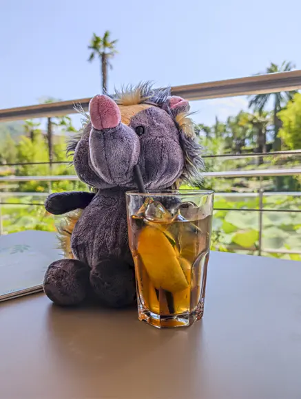 Das Plüschtier "klein Viki" genießt ein kühles Glas Eistee auf einer sonnigen, tropisch anmutenden Terrasse.