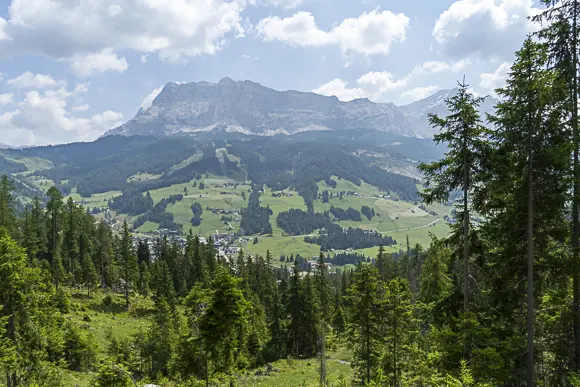 Eine weite Panoramaansicht der alpinen Landschaft von Alta Badia, über die Baumwipfel eines Nadelwaldes hinweg. Im Zentrum liegt ein grünes, sanftes Tal mit kleinen Dörfern und Wiesen, überragt von einem mächtigen, felsigen Bergmassiv unter einem blauen Himmel mit weißen Wolken.