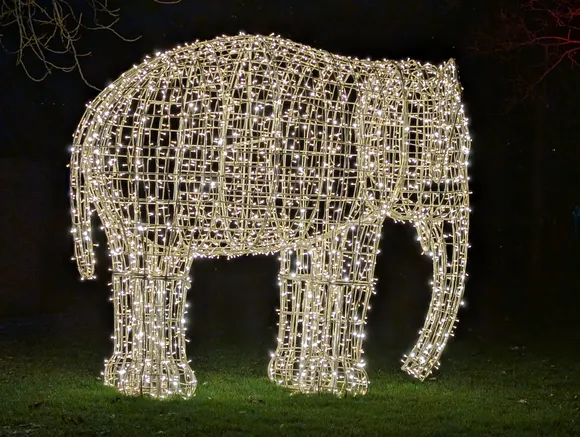 Eine lebensgroße Lichtskulptur eines Elefanten aus einem Drahtgestell, das komplett mit warmweißen LED-Lichterketten überzogen ist, auf einer Rasenfläche bei Nacht.