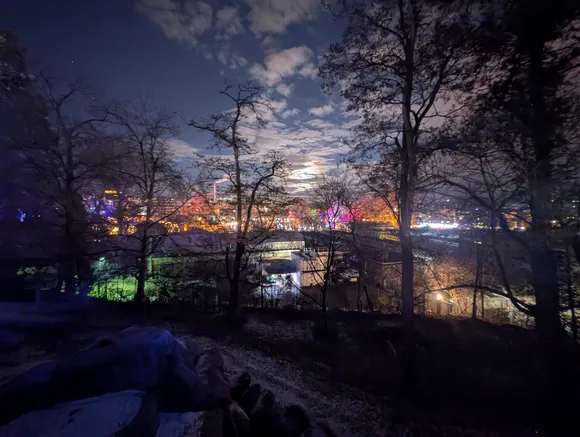 Blick durch dunkle Baumsilhouetten auf einen bewölkten Nachthimmel mit hellem Mond; im Hintergrund glitzern ferne Stadtlichter.