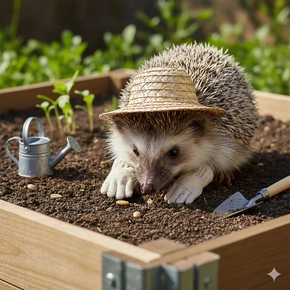 KI generierter Igel bei der Gartenarbeit